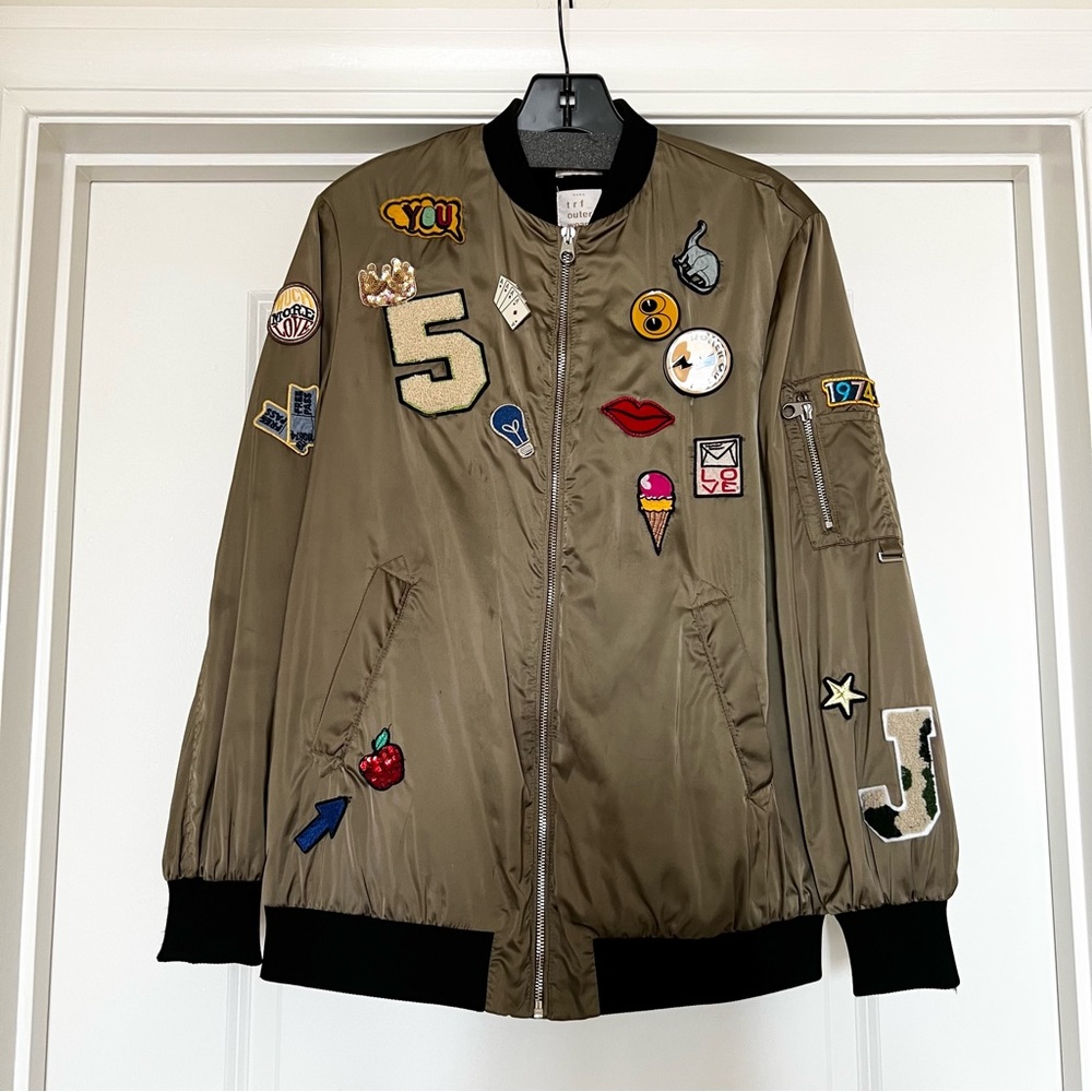 Zara Varsity Utility Patch Jacket Olive Green